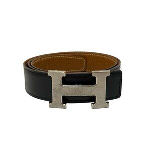 Auth HERMES H Belt - Black Brown Leather Hardware Square I Belt